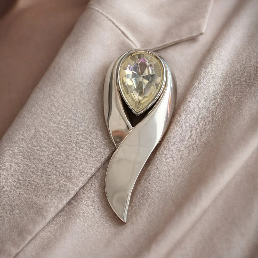 Vintage Modernist Silver Tone Brooch Large Teardrop Crystal Statement‎ Pin 80s